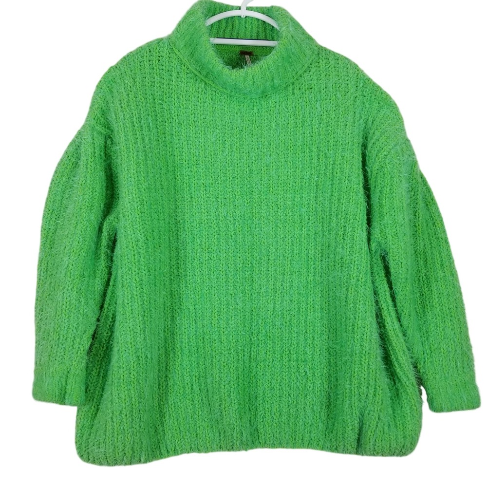 Free People On The Bright Side Lime Green Fuzzy Mock Neck Oversized Sweater XS